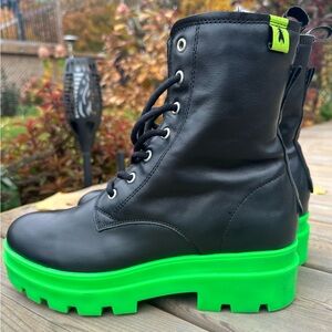 Fly London Black Leather Lace-Up Boots with Neon Green Platform